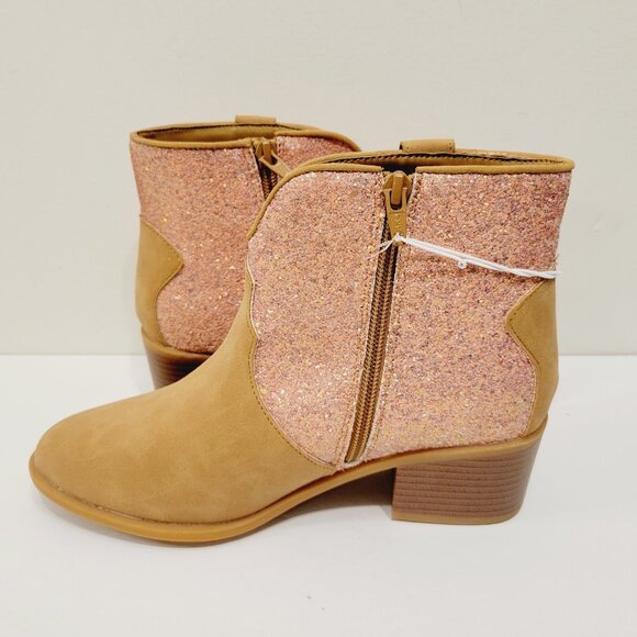 Youth Girls Falls Creek Tan Beige Faux Suede Sparkly Pink Heeled Booties - Picture 1 of 6